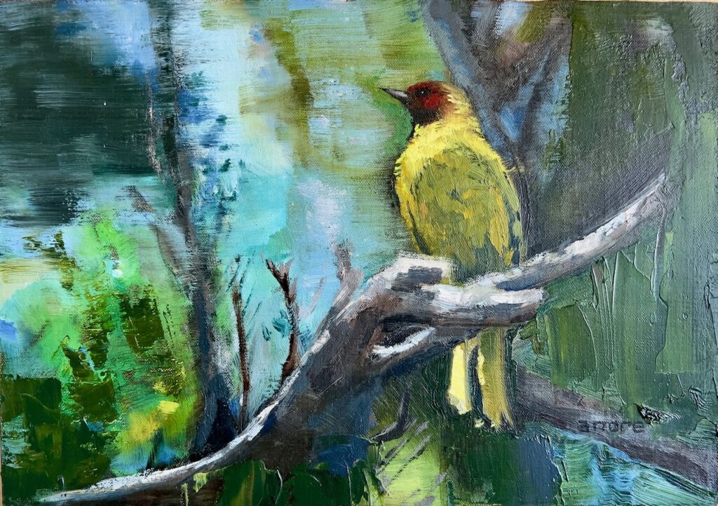 A vibrant painting of a yellow bird perched on a branch amidst a colorful, abstract background of greens and blues.